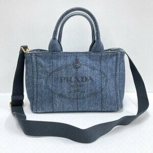 Prada Mini Canapa Tote 2-Way Shoulder Bag Denim Navy Gold